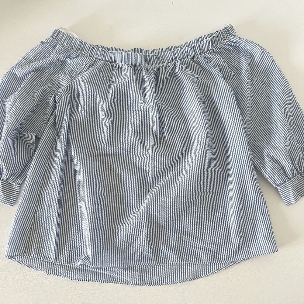 Charming Charlie Seer Sucker Shirt Womens L Off The Shoulder Blue Stripe Summer
